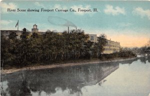 J66/ Freeport Illinois Postcard c1910 Carriage Company Factory River 336