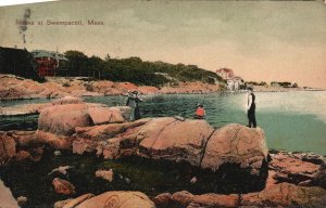 Vintage Postcard 1910's Rock at Swampscott River Trout Fishing Massachusetts MA