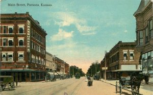 1912 Main Streets Parsons Kansas Trolley Tracks Postcard Kress 12570