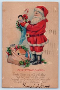 1926 Christmas Santa Claus Sack Of Toys Berries Embossed Annapolis MN Postcard