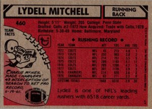 1980 Topps Football Card Lydell Mitchell RB San Diego Chargers sun0516