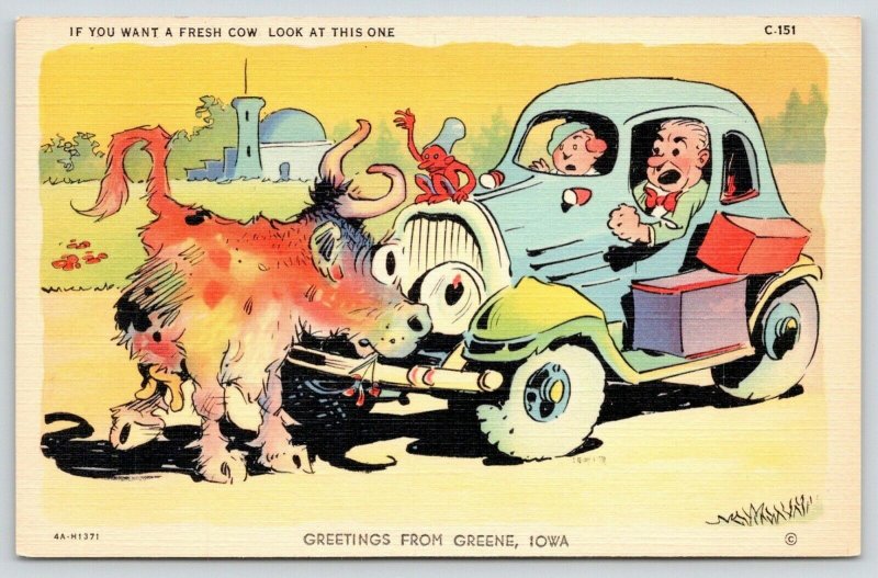 If You Want A Fresh Cow Come to Greene Iowa~Blocks Car~Gremlin on Hood~1934