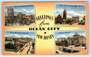 Greetings From OCEAN CITY, NJ New Jersey~ Scenes of CHURCHES 1957 Linen Postcard