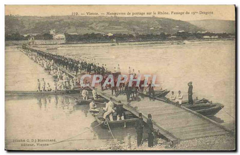 Old Postcard Army Vienna bypass Maneuvers on the Rhone Passage 19th Dragons