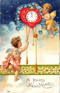 Happy New Year Cupid Angel Heart Clock Antique Postcard K56089 
