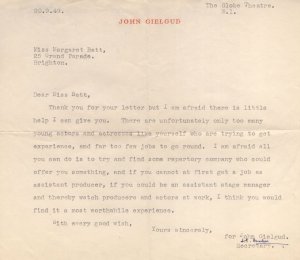 John Gielgud Personal London Theatre Letter 1949 Secretary Hand Signed