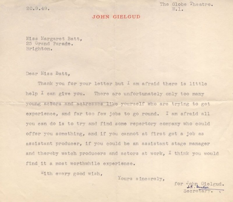 John Gielgud Personal London Theatre Letter 1949 Secretary Hand Signed