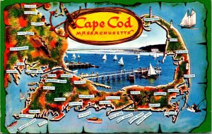 Cape Cod Massachusetts MA Mass Map Onset Mashpee Osterville Bass River Postcard 