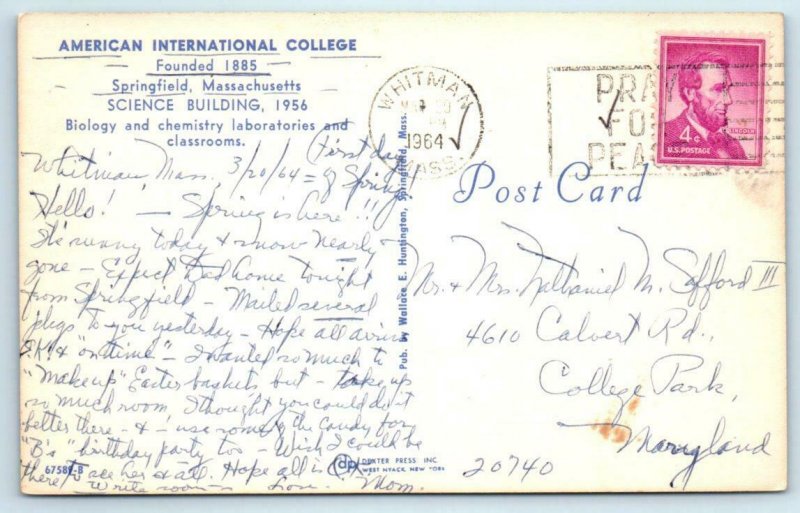 SPRINGFIELD, MA  Science Building AMERICAN INTERNATIONAL COLLEGE 1964  Postcard