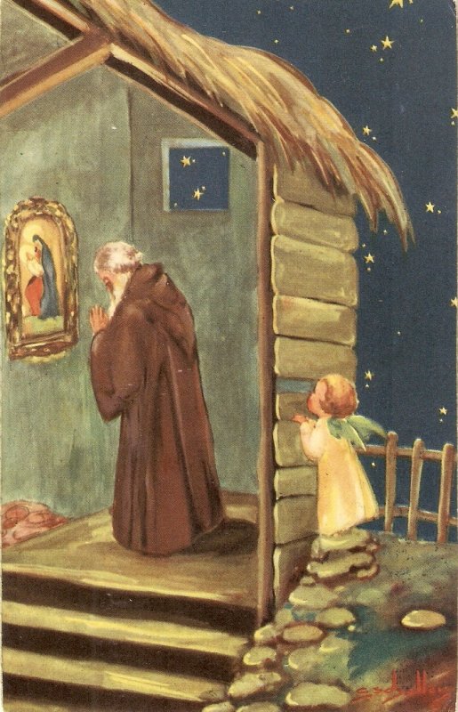 Monk praying. Little angel watching  Nice vintage Spanish religious postcard