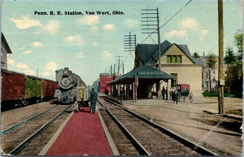 Postcard OH Van Wert Pennsylvania Railroad Station Platform Train Buggy 1912 M72