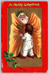K50/ Santa Claus Merry Christmas Love Holiday Postcard c1910 Hiding Child 79