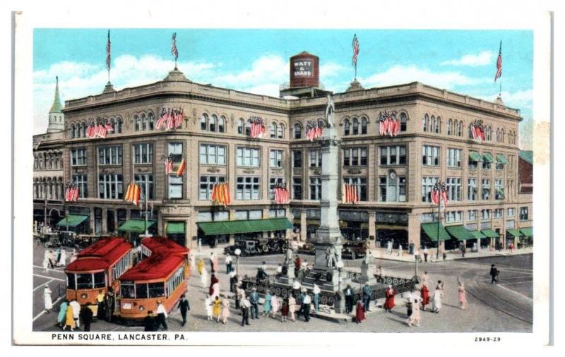 1938 Penn Square and Streetcars, Lancaster, PA Postcard