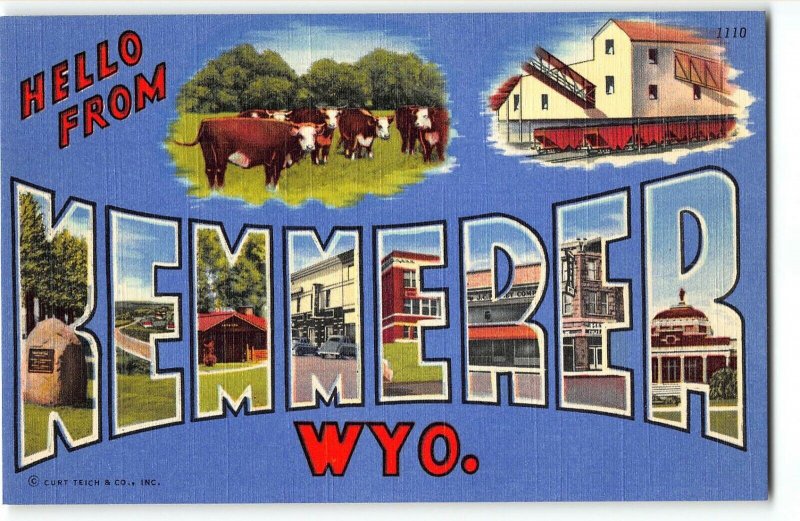 KEMMERER, WY Large Letter Linen Postcard, Curteich 1950 - JC Penney mother store