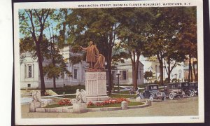 P1651 old postcard very old cars washington st. flower monument watertown ny