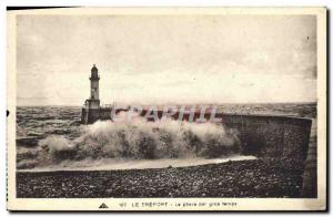 Old Postcard Lighthouse in stormy weather Treport