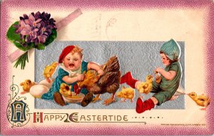 Vintage John Winsch Adorable Child, Hen & Baby Chicks Antique Easter Postcard