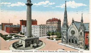 MD - Baltimore, Mt. Vernon Place, Washington Monument & First M. E. Church