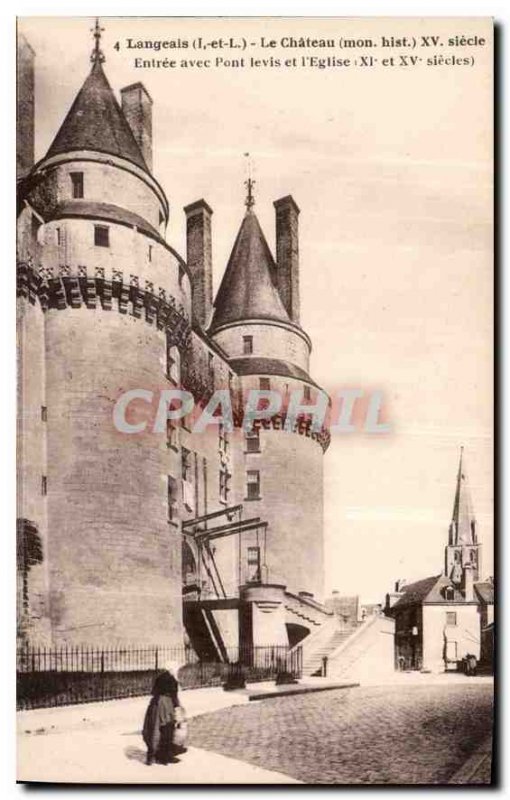 Old Postcard Langeais I and L Chateau my hist XV century entrance with Drawbr...