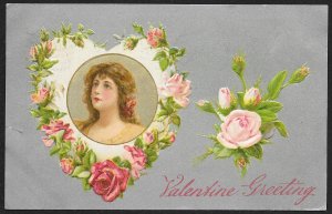 Valentine Greeting Portrait Of Lady In Heart Of Roses Used c1910