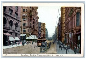 St. Louis Missouri Postcard Broadway Looking North Olive Streetcar c1910 Vintage