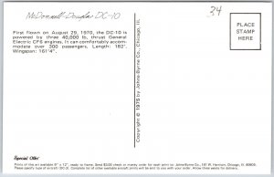 Airplane McDonnell-Douglas DC-10 300 Passengers Gen Electric CF6 Engine Postcard
