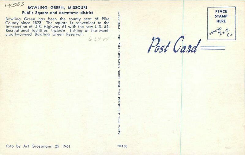 Bowling Green Missouri 1950s Public autos Argro Grossman Postcard 21-10113