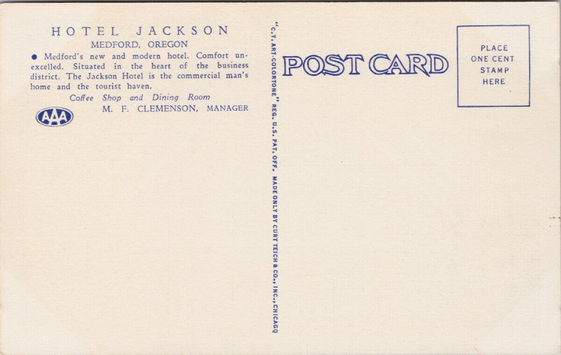 Hotel Jackson Medford Oregon OR Unused Advertising Linen Postcard G94