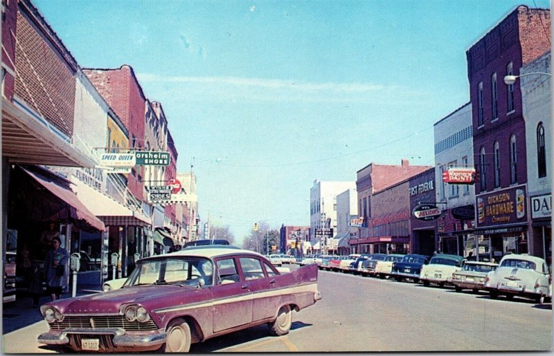 Vtg Dickson Tennessee TN Main Street View Scene Downtown Old Cars 1950s Postcard