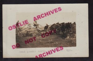 Moorcroft WYOMING RPPC 1920 ROAD GRADER Crew CONSTRUCTION Horse-Drawn WY