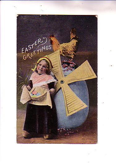 Little Girl, Dutch, Windmill on Large Easter Egg, Rooster,