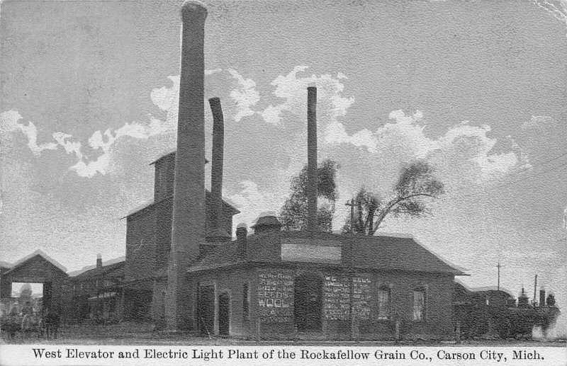 West Elevator Electric Light Plant Rockafellow Grain Co Carson City MI postcard