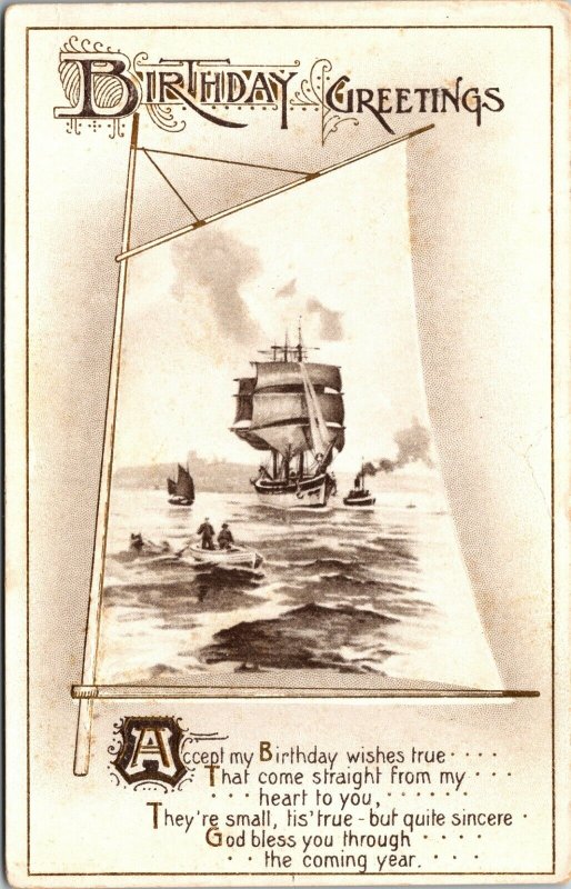  BIRTHDAY GREETINGS - BOAT SHIP - WATER - NATURE SCENE - VINTAGE POSTCARD