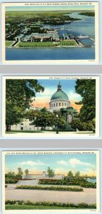 3 Postcards Annapolis, MD ~ U.S. NAVAL ACADEMY Aerial, Chapel, Memorial c1940s