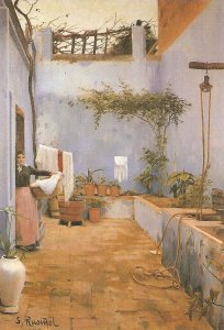 Santiago Rusiñol.  The Blue Patio Fine art, painting, modern Spanish postcard