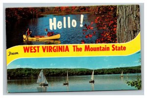 Vintage 1960's Postcard Hello West Virginia Mountain State - Canoe & Sailboats