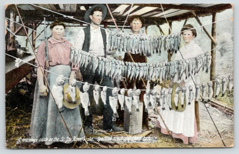 St Joe River Idaho~Family With Morning's Catch~Speckled Trout/Black Bass~1909PC 