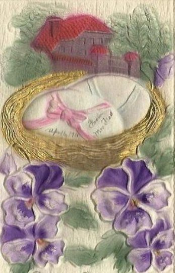 Heavily Embossed Novelty Airbrushed Card Quaint Cottage Easter Egg Pansies 1911