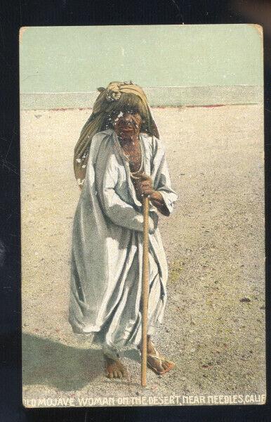 NEEDLES CALIFORNIA OLD MOJAVE INDIAN WOMAN ON THE DESERT VINTAGE POSTCARD