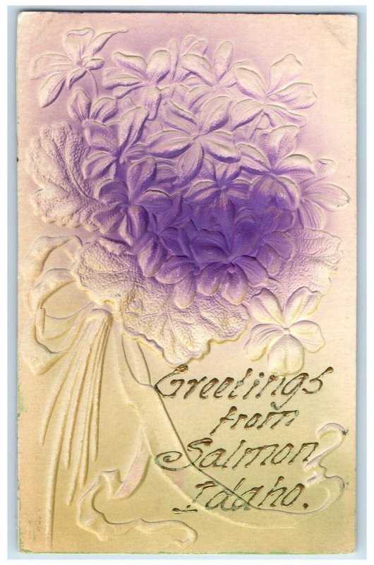 c1910's Greetings From Salmon Idaho ID Unposted Embossed Ribbon Flowers Postcard
