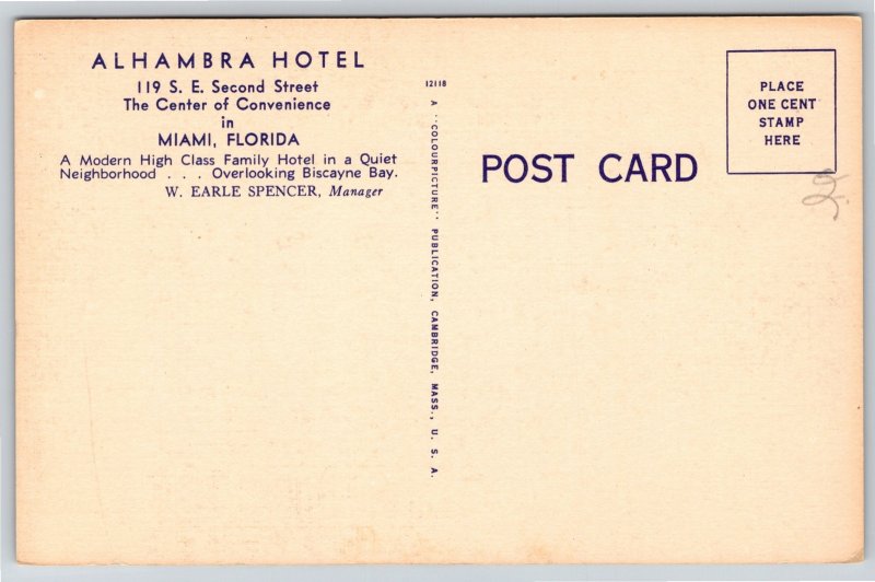 Miami Florida~Alhambra Hotel From Street~Vintage Linen Postcard