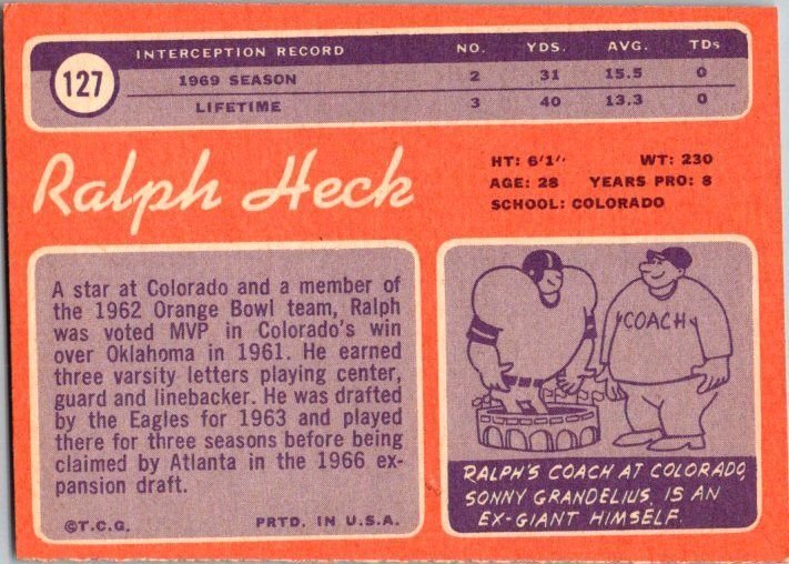 1970 Topps Football Card Ralph Heck New York Giants sk21477