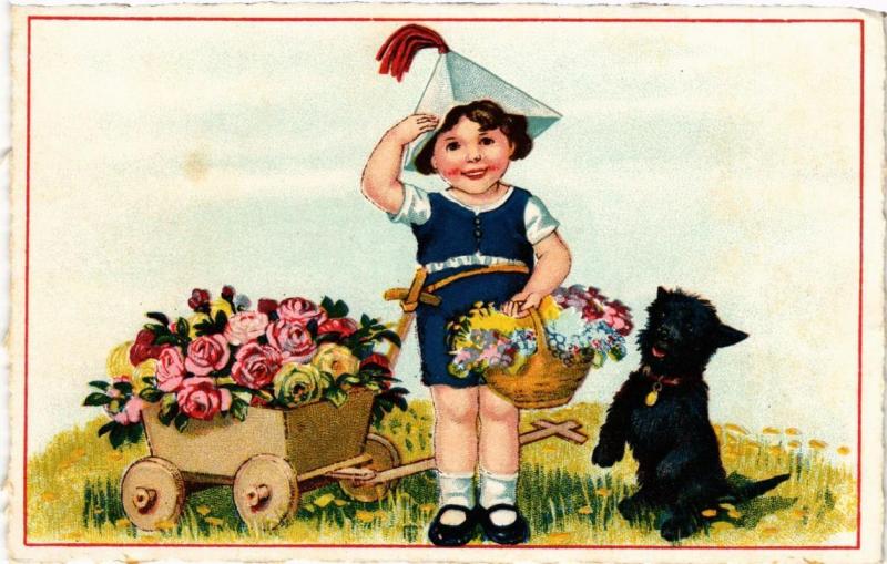 CPA AK Souvenir, little girl with flowers and highland terrier DOGS (727520)