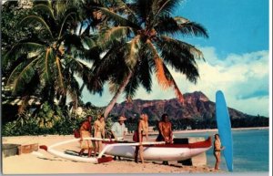 Outriggers & Surfboards Diamond Head Hawaii Pan American Travel Ad Postcard