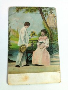 Vintage Postcard 1908 Man with Flowers & Woman Courting In Love