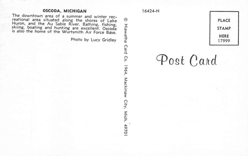 Oscoda MI Storefronts Old Cars Downtown Area, Postcard