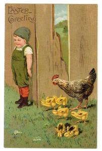 Easter Greetings PC, Boy hides from hen and chicks 1911