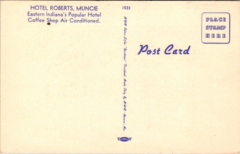 Linen Postcard Hotel Roberts in Muncie, Indiana