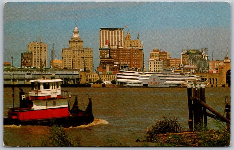 Skyline & Tugboat Mississippi River New Orleans,LA Louisiana Postcard 5c Stamp