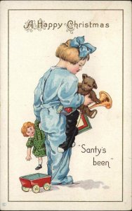 Christmas Little Girl With Dolly Teddy Bear Wagon Stecher 315C Vintage Postcard
